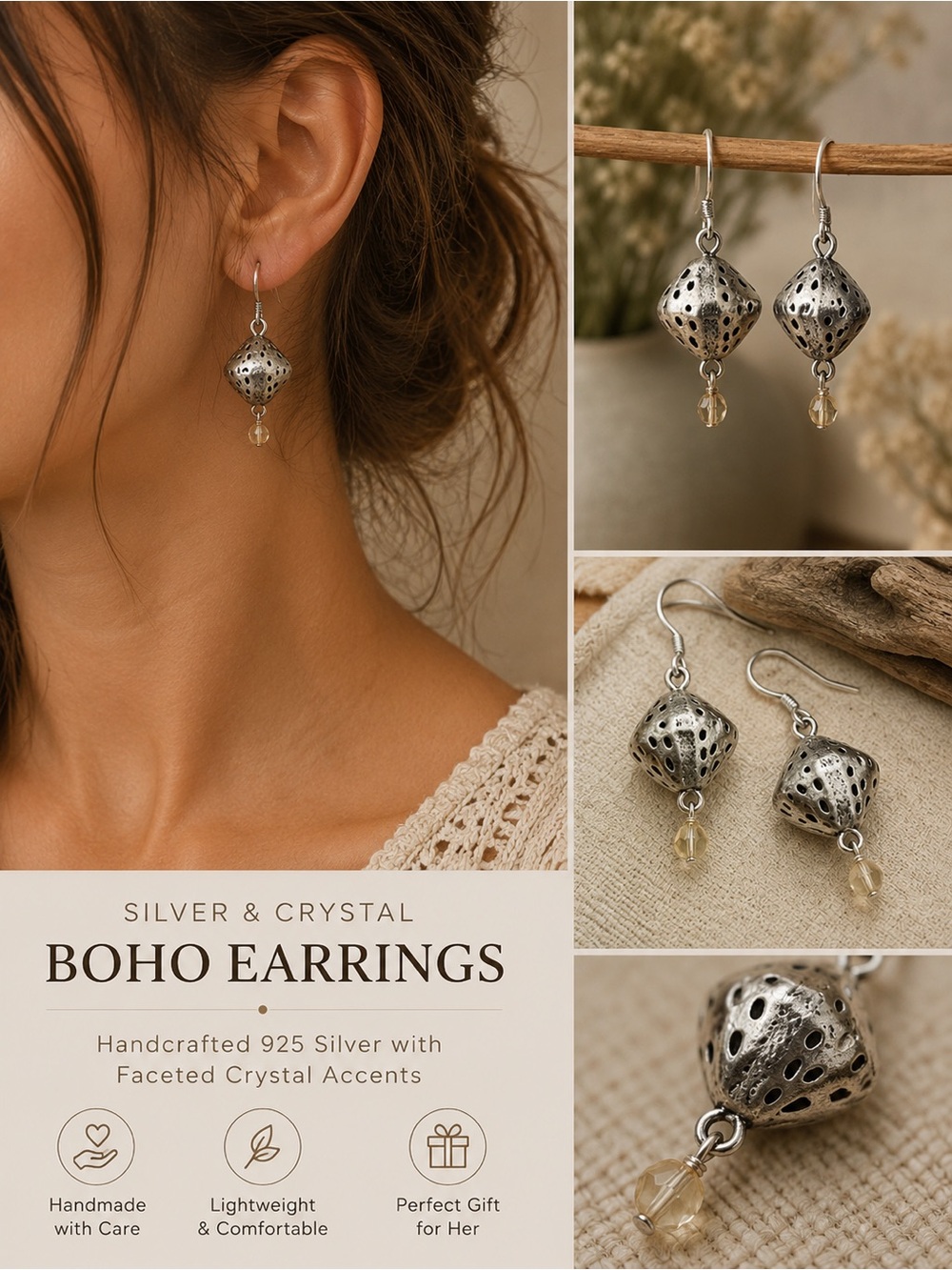 Silver and Crystal Boho Earrings